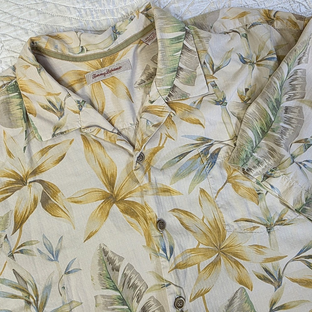 Tommy Bahama Mens XXL Yellow Silk Tropical Floral Camp Shirt Short Sleeve Top